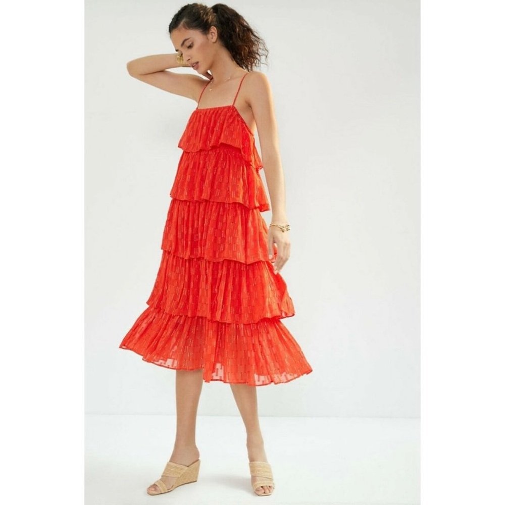 Anthropologie Dress Tiered Ruffle Midi Coral Metallic Fairycore Boho Prairie NWT